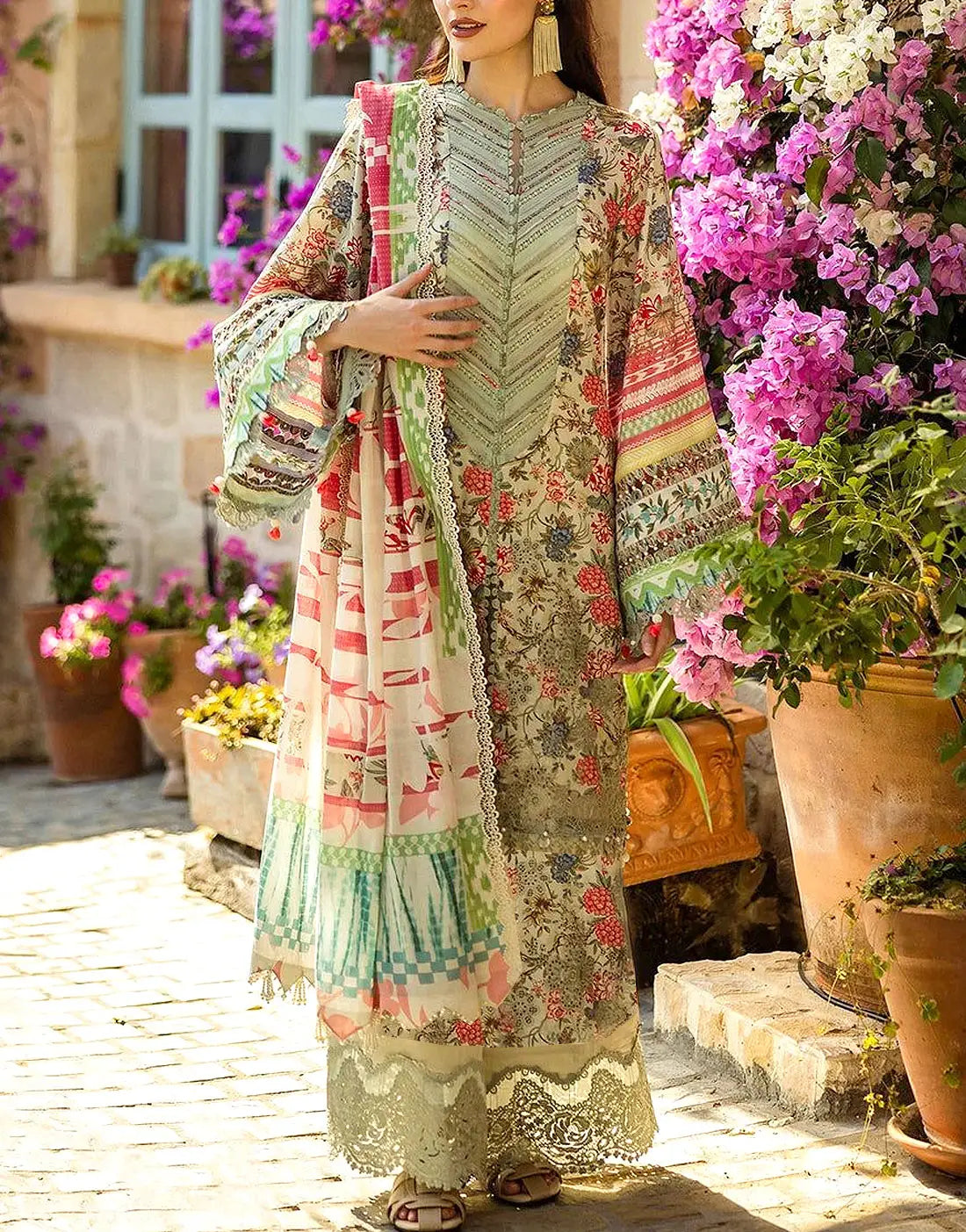 All-Over Print Schiffli Embroidered EID Lawn Dress with Chiffon Dupatta