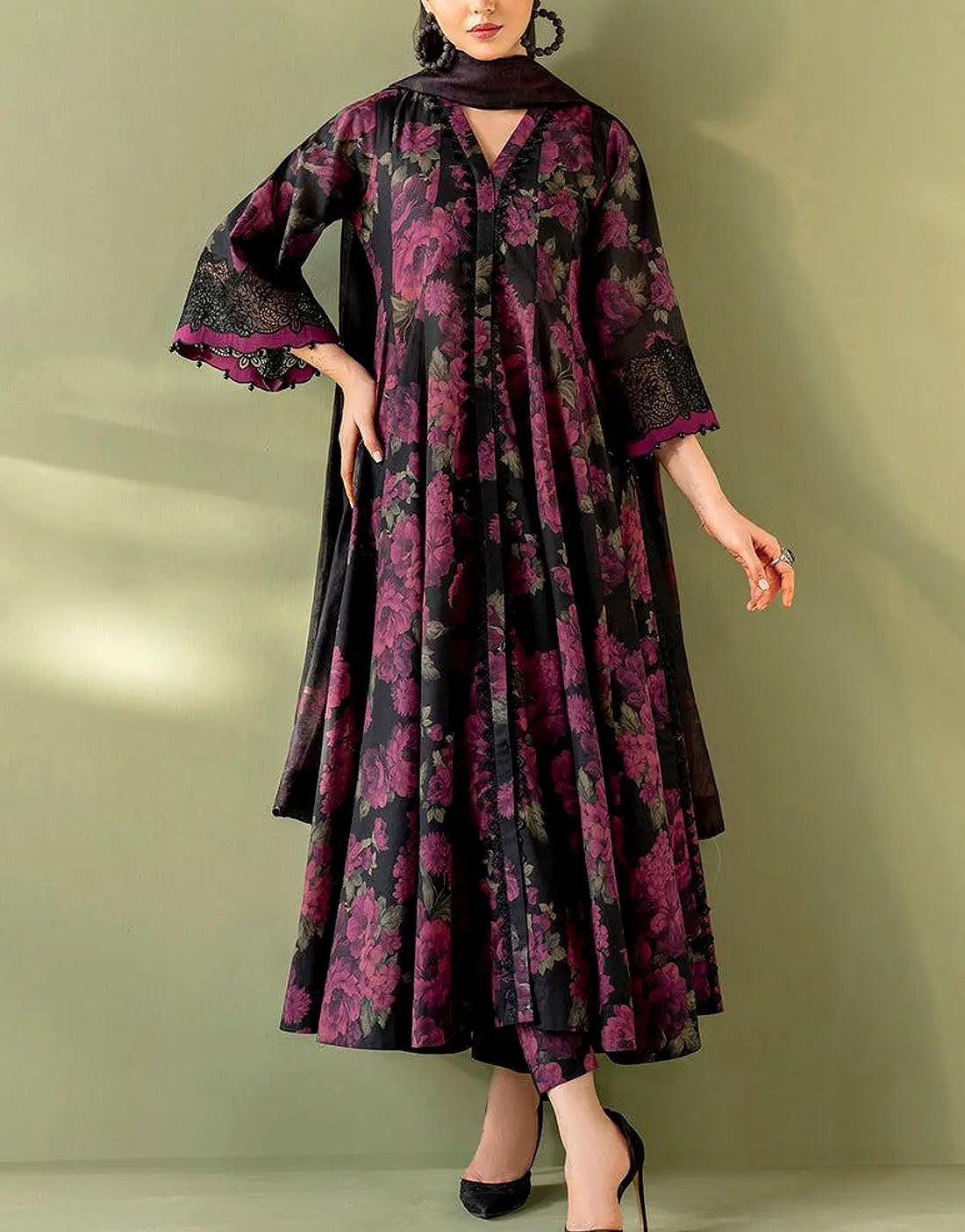 All-Over Floral Print Embroidered Black Lawn Dress for EID and Party Wear