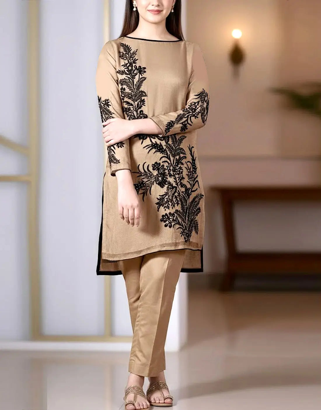 Adorable 2-Piece Sequins Embroidered Beige Lawn Dress for Girls