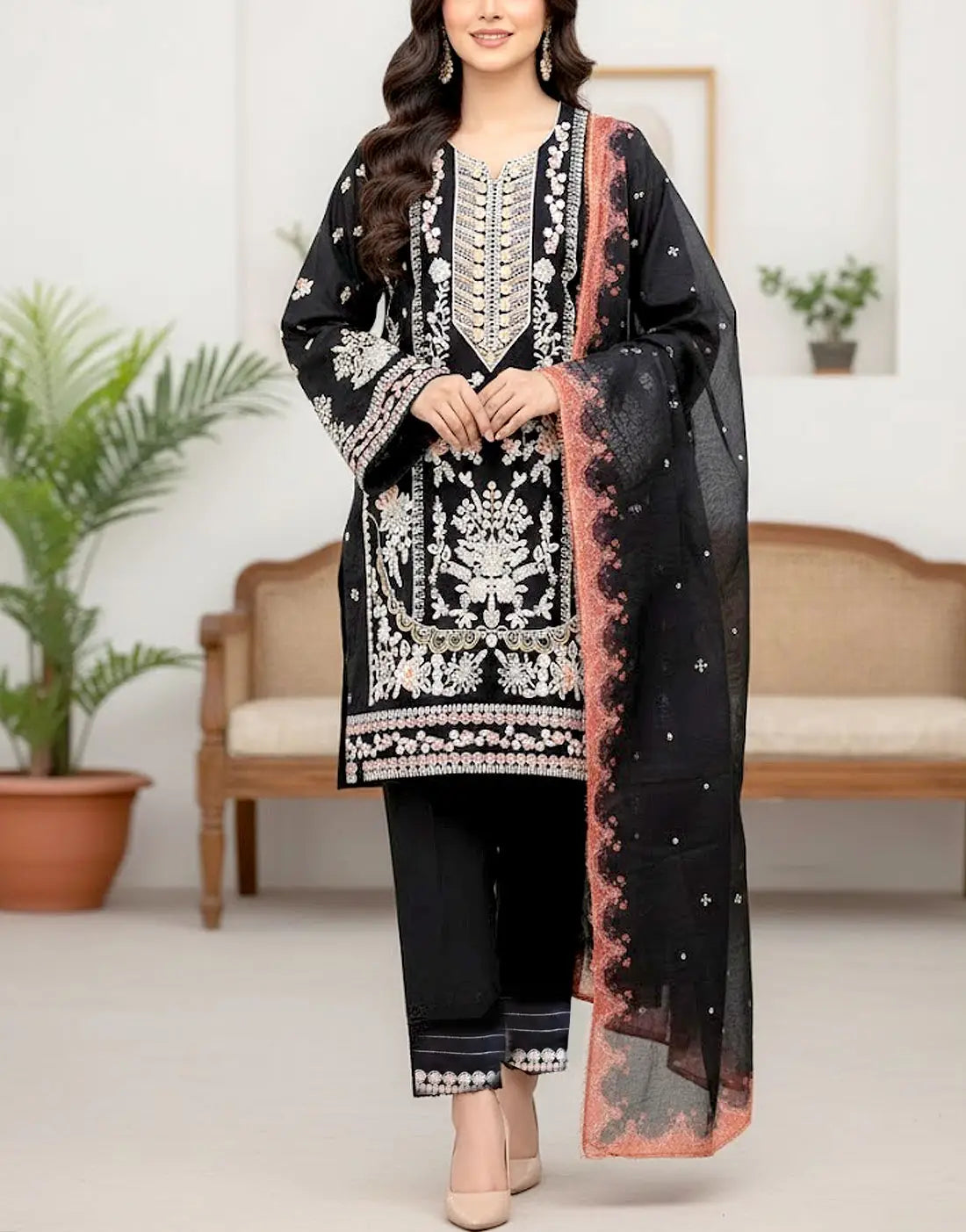 slim fit dress slacks Embroidered Black & Gold Eid Suit Pakistani Salwar Suit Kameez Dress –  subhvastra main image 0