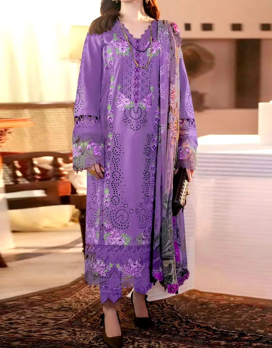 Luxury Schiffli Embroidered Purple Lawn Dress with Digital Print Bana Dora Dupatta