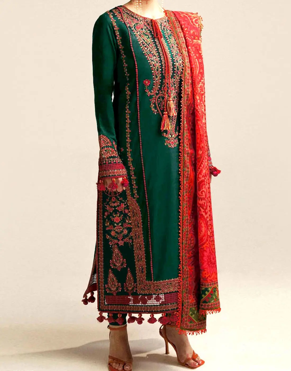 Heavy Embroidered Bottle Green Lawn Dress with Digital Print Bana Dora Dupatta