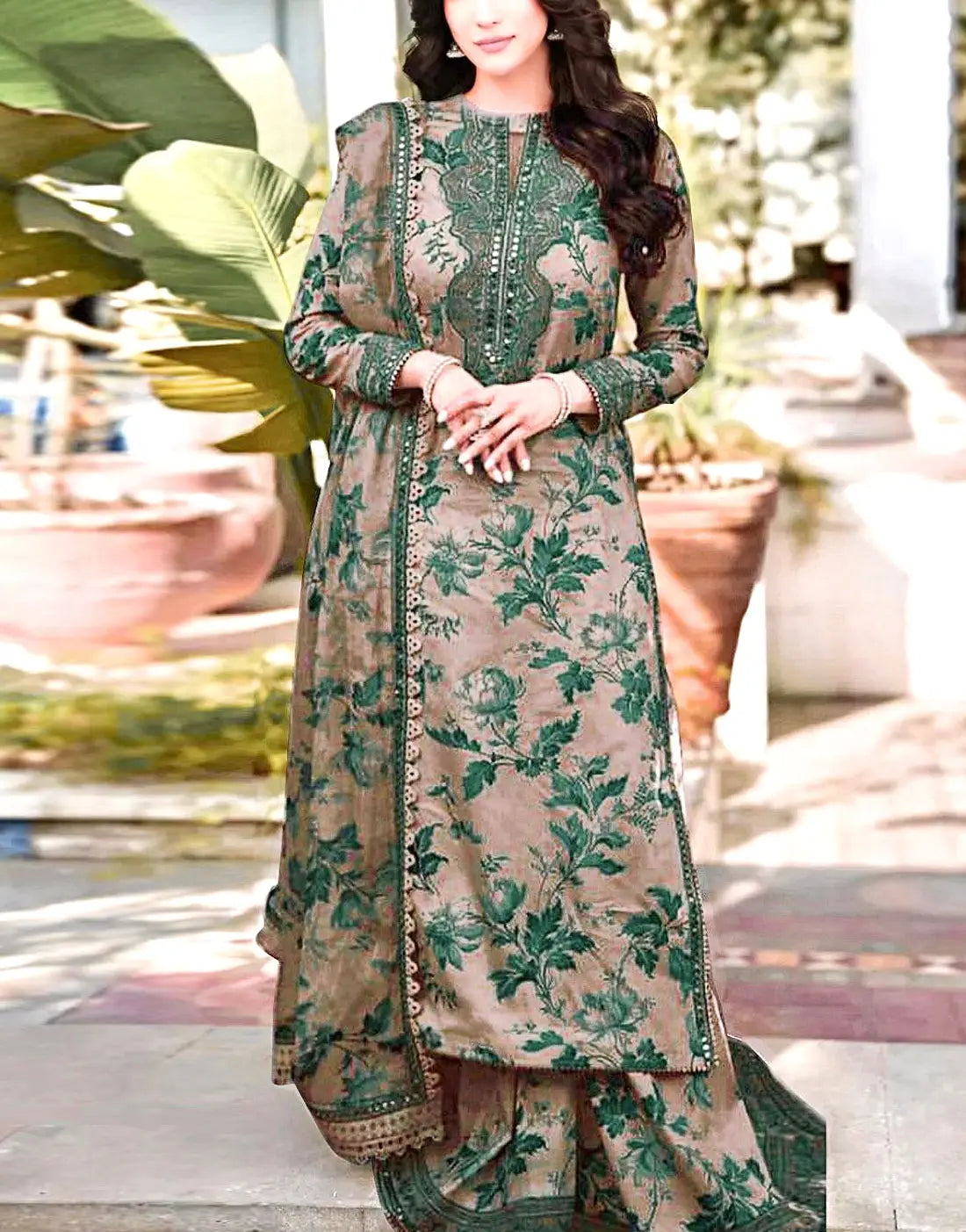 Aneela's All-Over Floral Print Embroidered Lawn Dress with 4-Side Emb. Chiffon Dupatta
