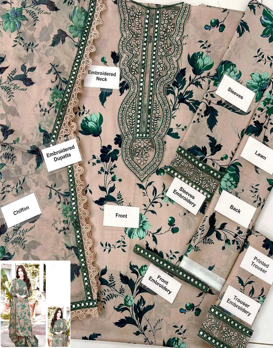 Aneela's All-Over Floral Print Embroidered Lawn Dress with 4-Side Emb. Chiffon Dupatta