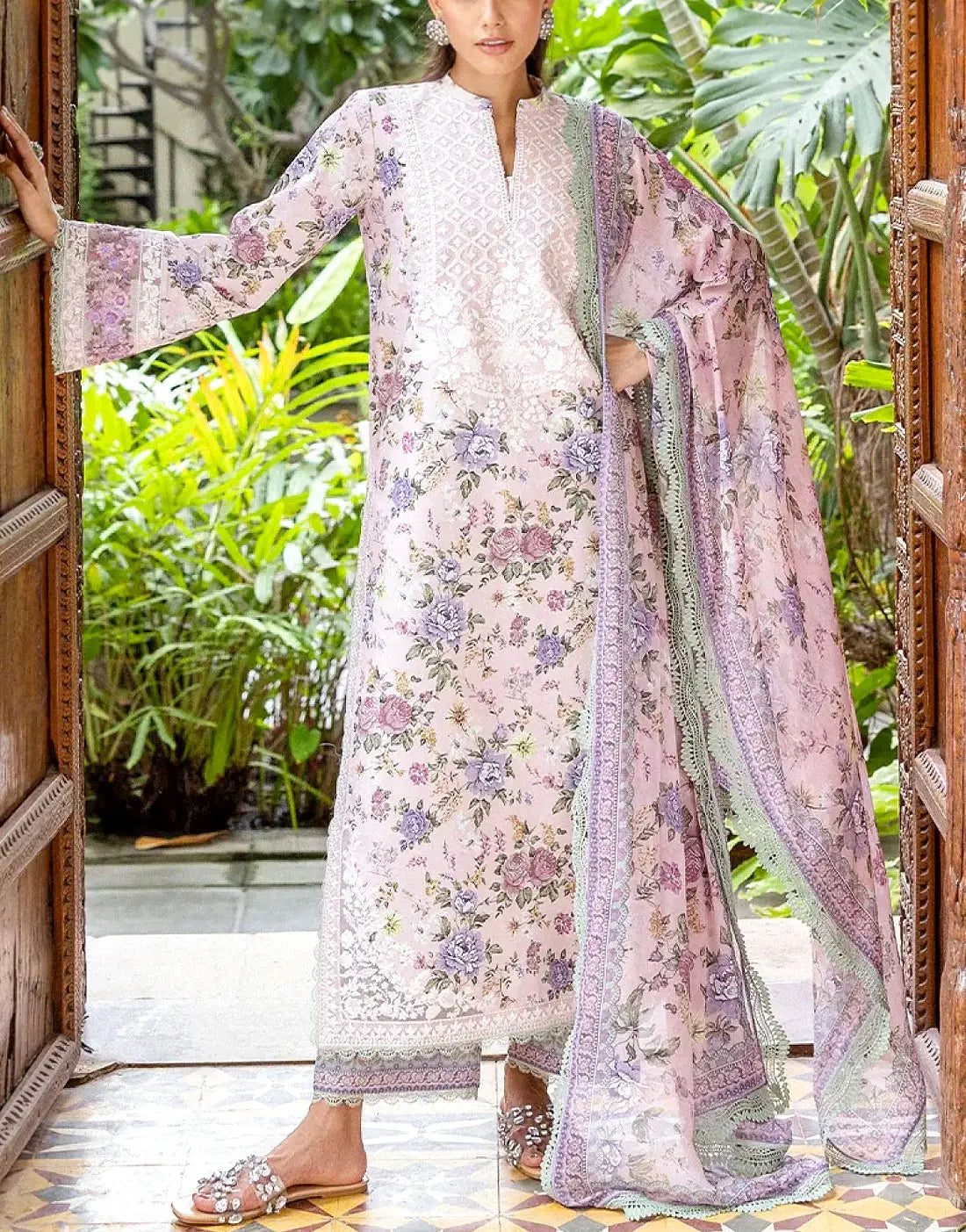 All-Over Floral Print Embroidered EID Lawn Suit with 4-Side Emb. Chiffon Dupatta