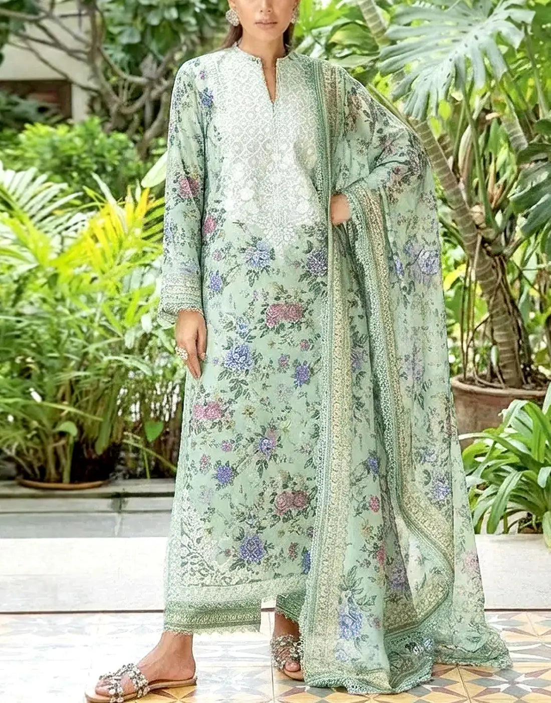 All-Over Floral Print Embroidered EID Lawn Dress with 4-Side Emb. Chiffon Dupatta