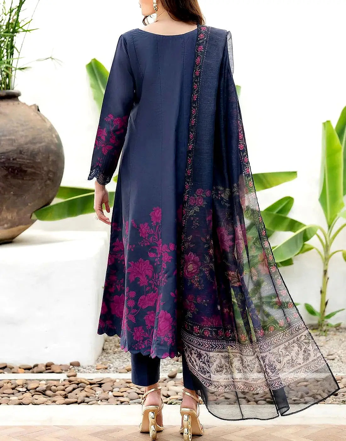 Elegant Embroidered Navy Blue Lawn Dress with Lawn Dupatta - Ideal for EID & Parties