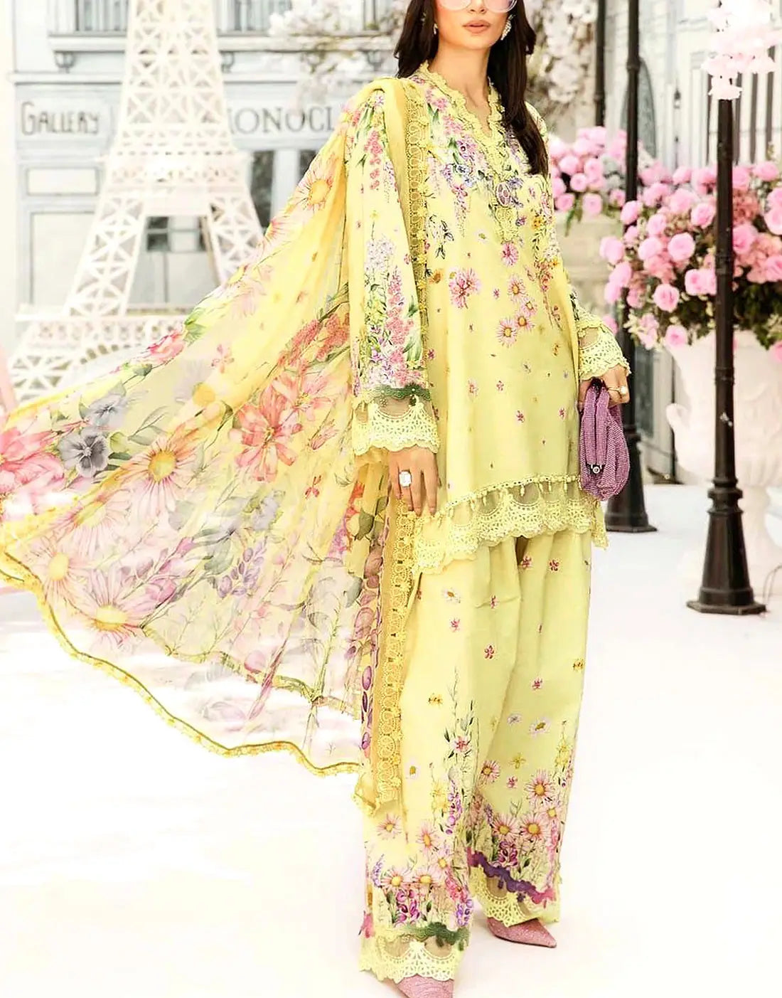 All-Over Print Embroidered Lemon Color EID Lawn Dress with Chiffon Dupatta
