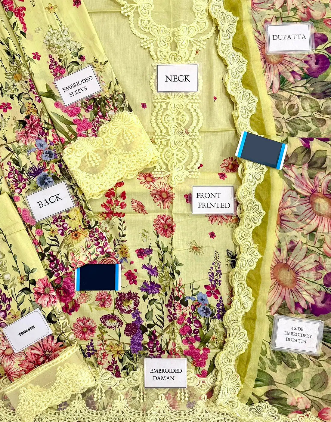 All-Over Print Embroidered Lemon Color EID Lawn Dress with Chiffon Dupatta