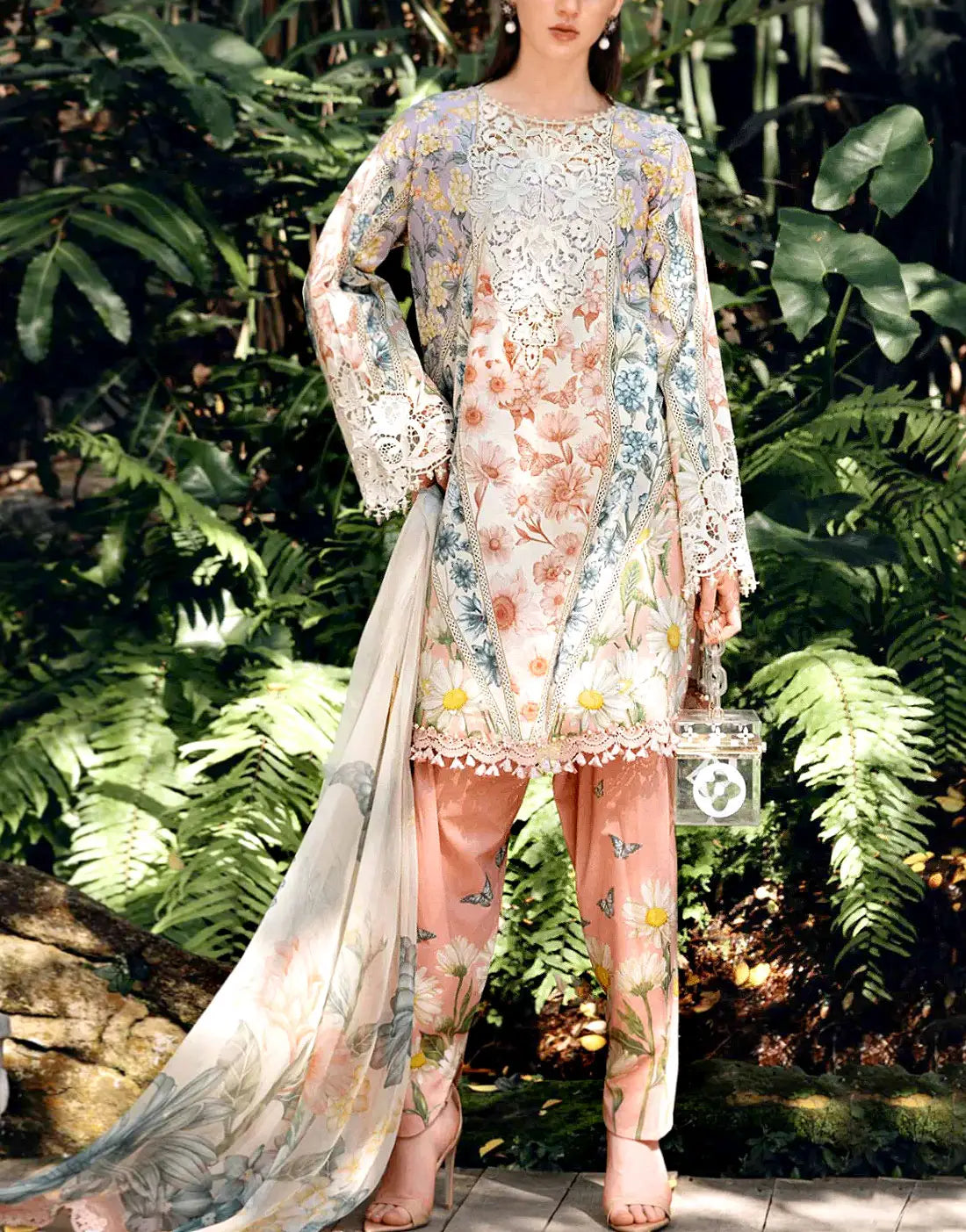 All-Over Floral Print Embroidered EID Lawn Suit with Emb. Chiffon Dupatta