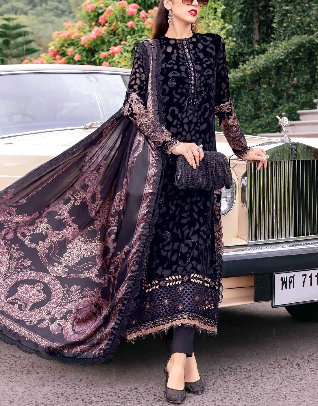Elegant Embroidered Black EID Lawn Dress with Emb. Chiffon Dupatta