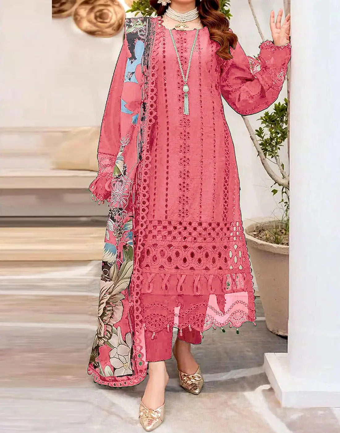 Luxury Schiffli Embroidered Pink Lawn Dress with Digital Print Bana Dora Dupatta