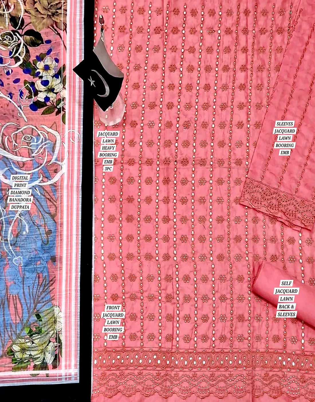 Luxury Schiffli Embroidered Pink Lawn Dress with Digital Print Bana Dora Dupatta