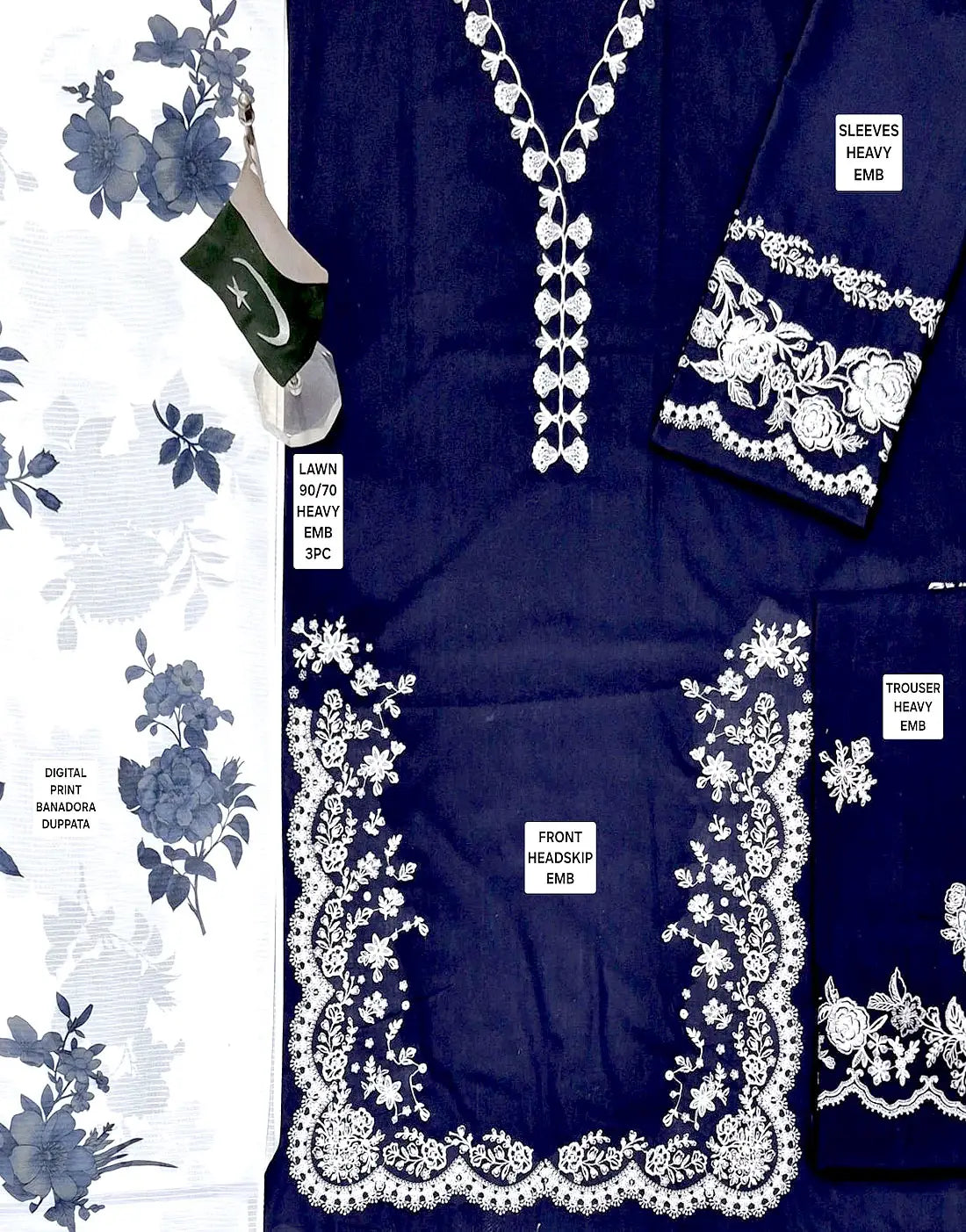 Trendy Embroidered EID Lawn Suit for Girls with Digital Print Banadora Dupatta