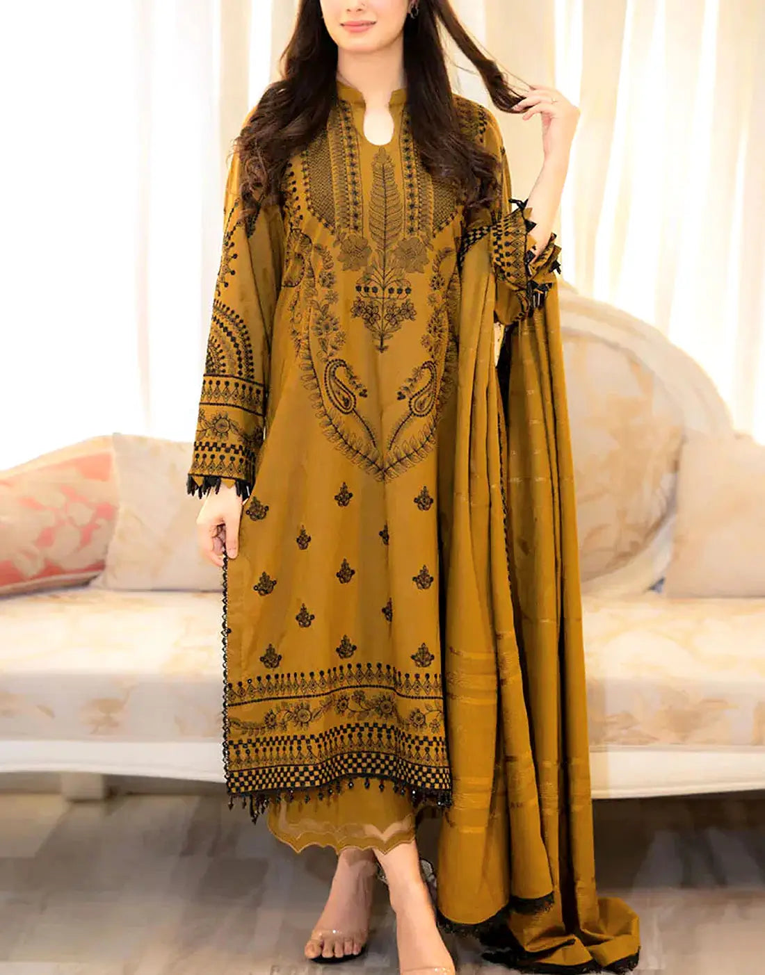 white christmas dresses Eid Lawn Luxury Dress in Mustard Color – Nameera by Farooq