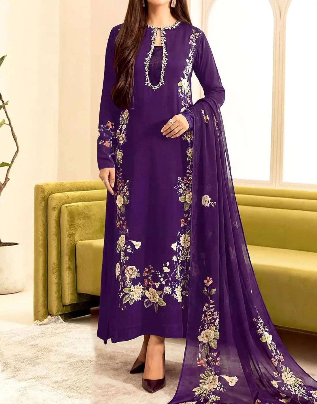 Trendy Embroidered Deep Purple EID Lawn Dress with Digital Print Banadora Dupatta