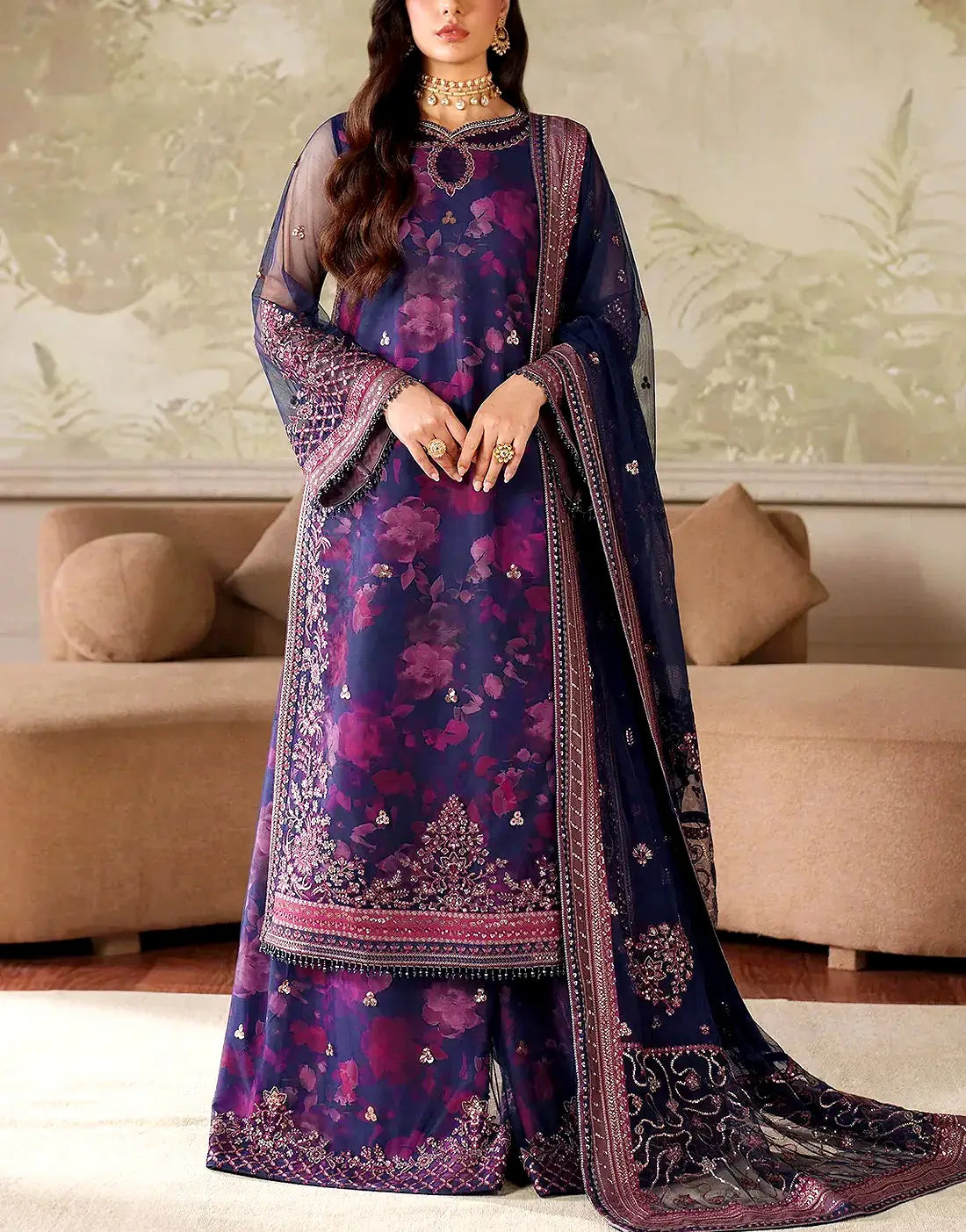lawn dress design with organza Kahf - BUTTERCUP - 6B