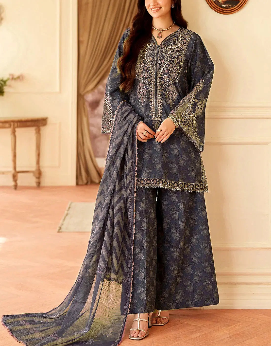 Luxury 9mm Sequins Embroidered EID Lawn Suit with Emb. Chiffon Dupatta