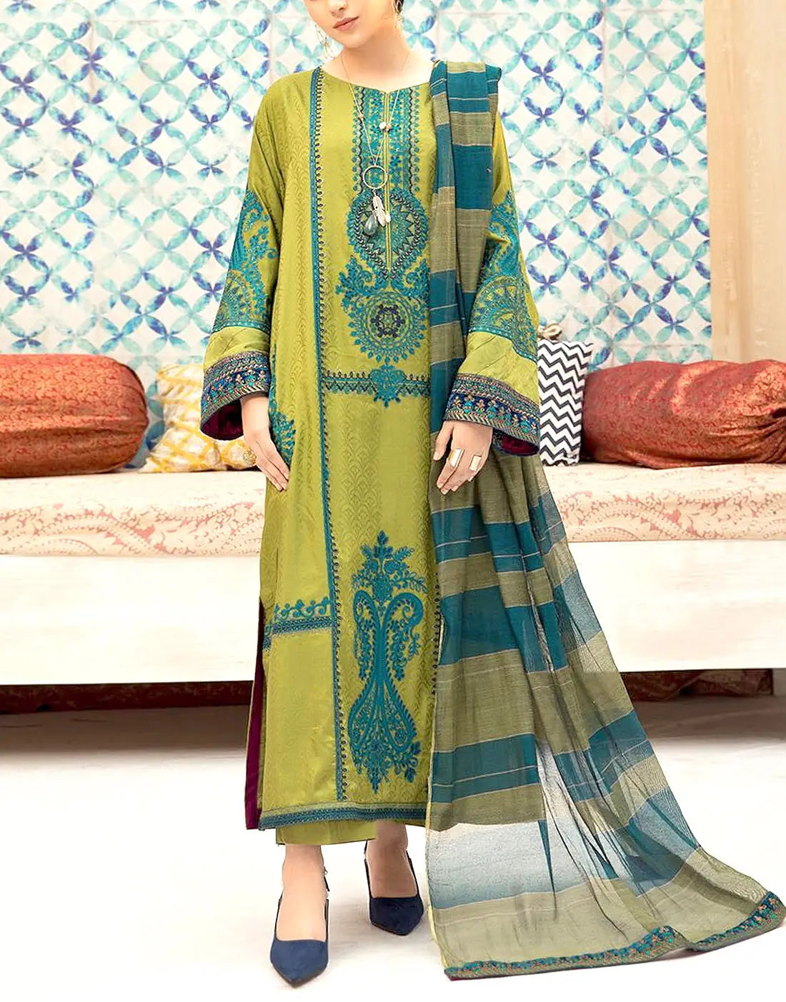 Heavy Embroidered Olive Green Lawn Dress with Printed Bana Dora Dupatta