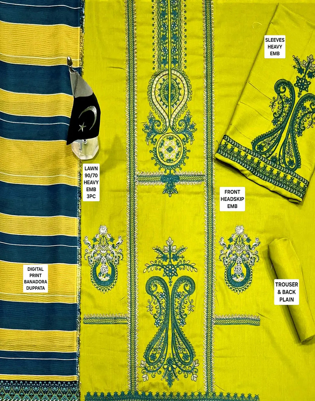 Heavy Embroidered Olive Green Lawn Dress with Printed Bana Dora Dupatta