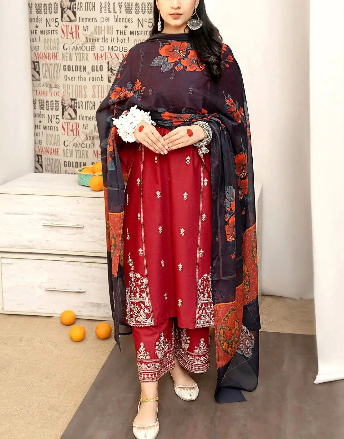 Elegant Embroidered EID Red Lawn Dress with Printed Diamond Dupatta