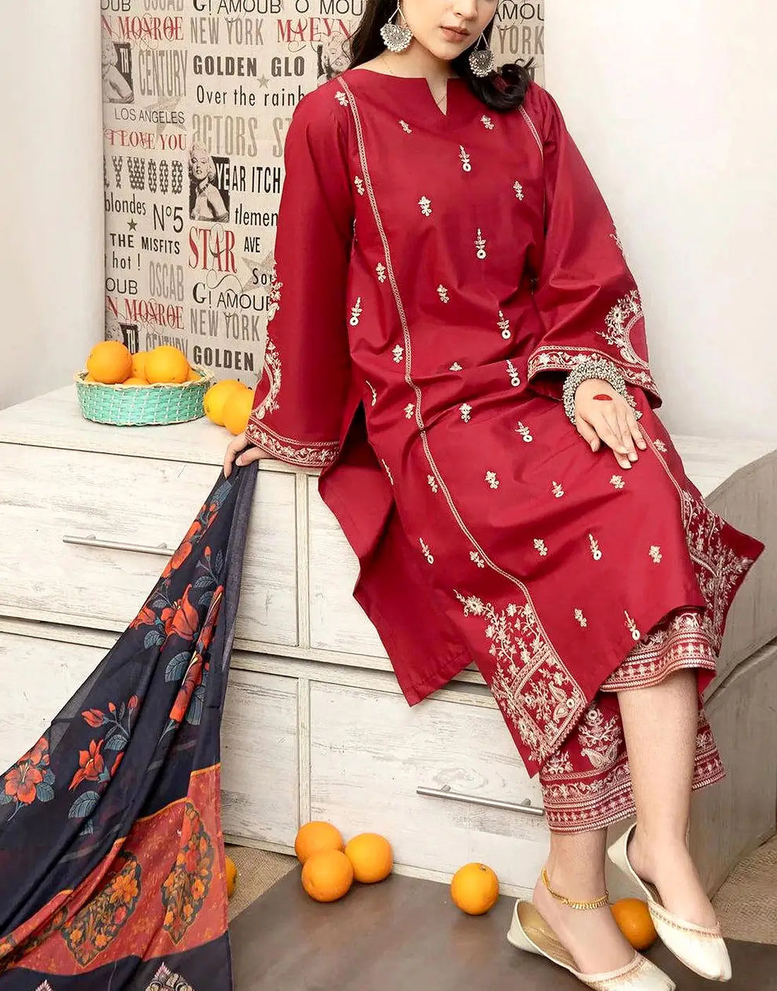 Elegant Embroidered EID Red Lawn Dress with Printed Diamond Dupatta