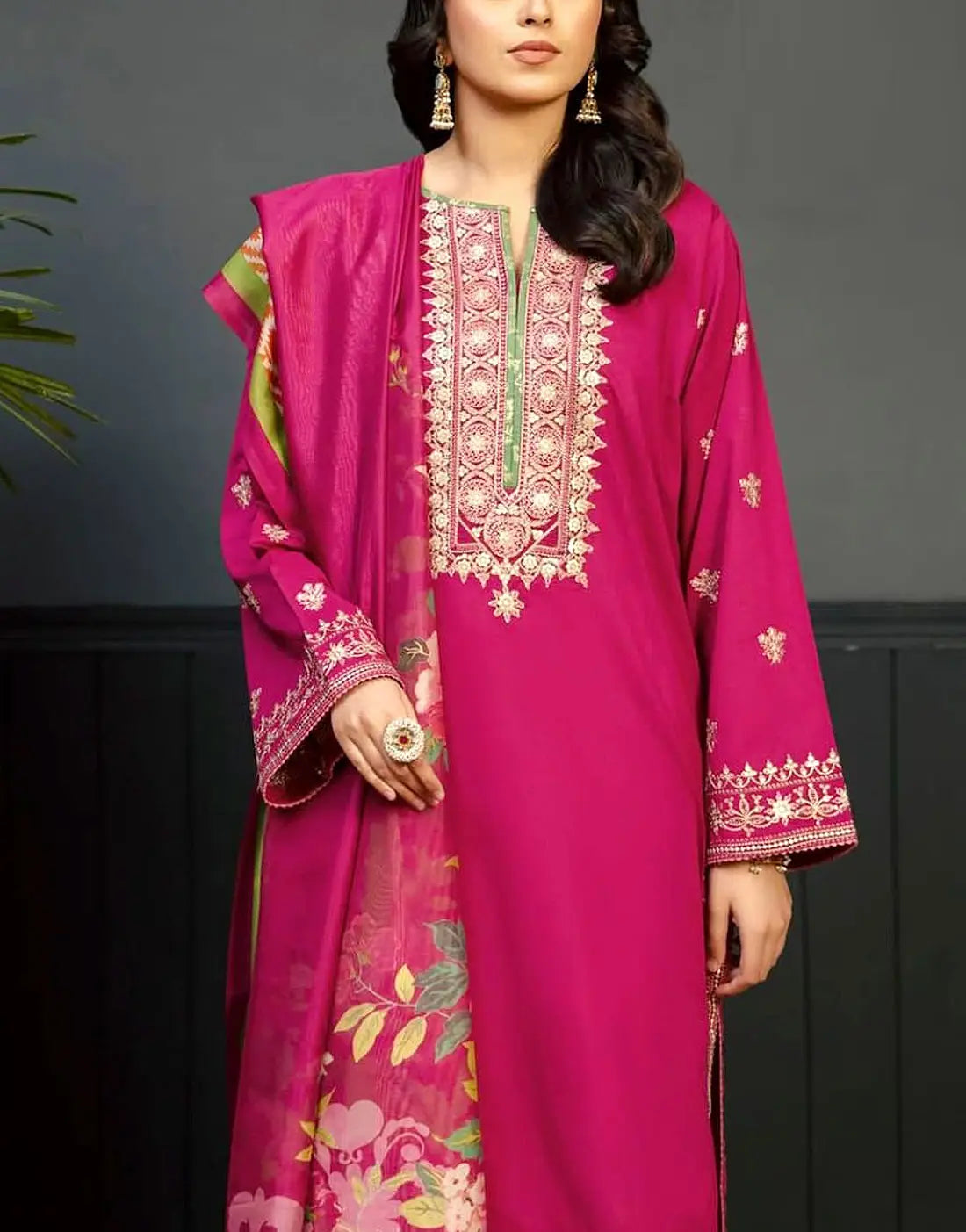Trendy Embroidered EID Lawn Dress for Girls with Printed Diamond Dupatta