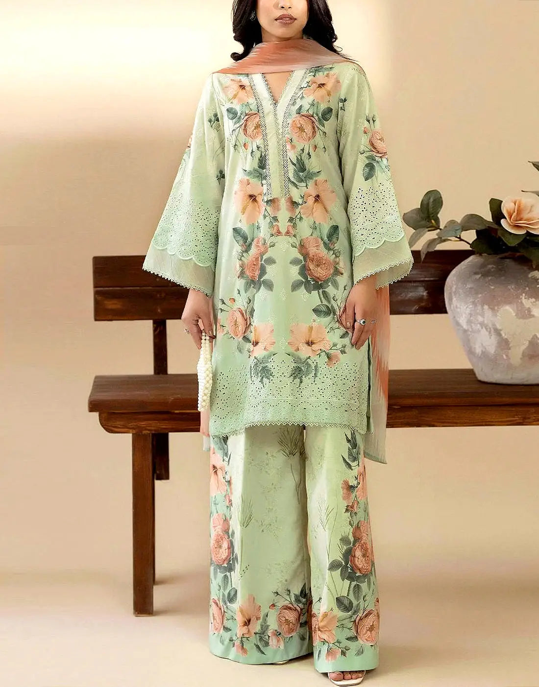 Digital Print Schiffli Embroidered Lawn Suit for Girls with Printed Chiffon Dupatta
