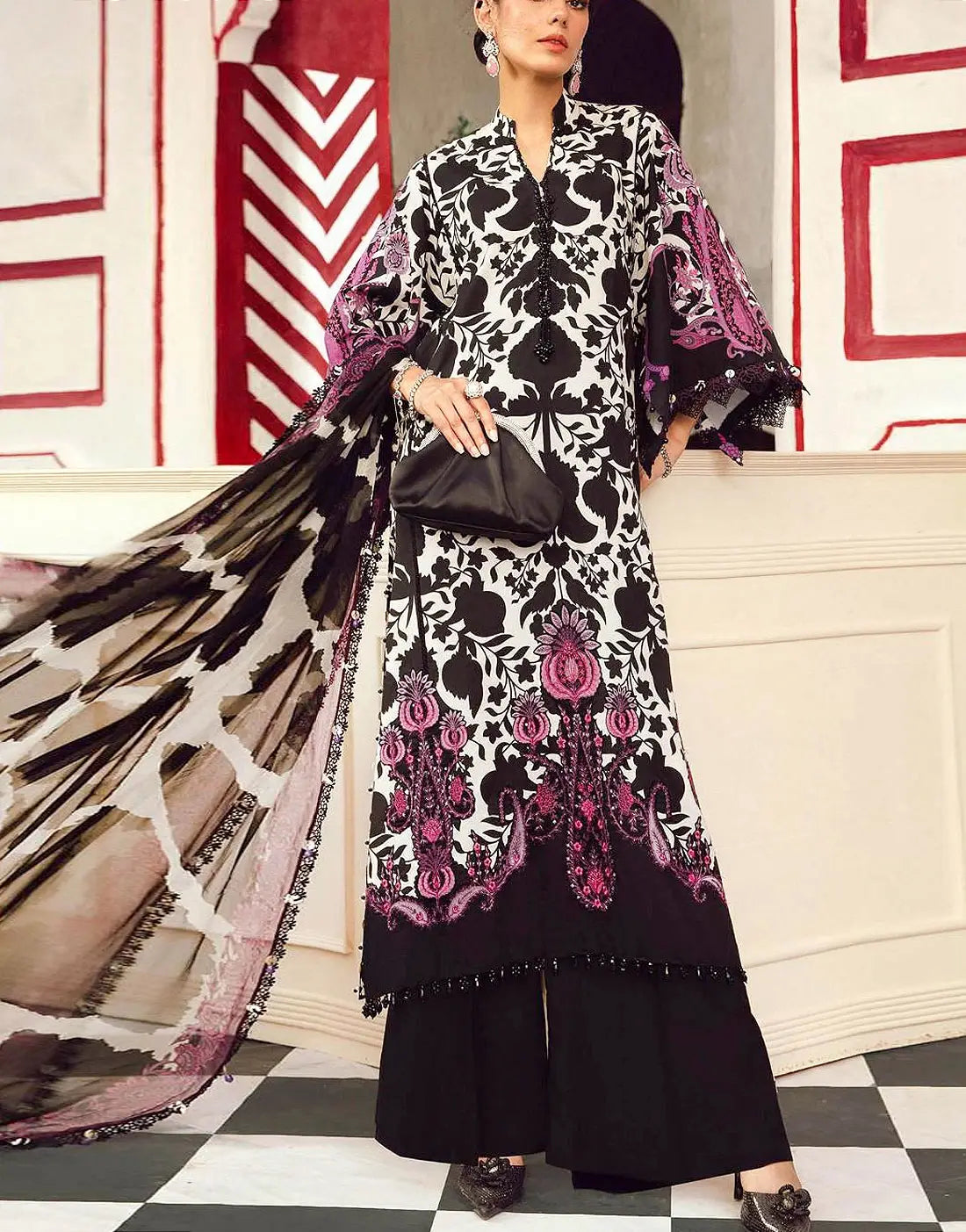 All-Over Print Embroidered Lawn Dress Design with Emb. Chiffon Dupatta