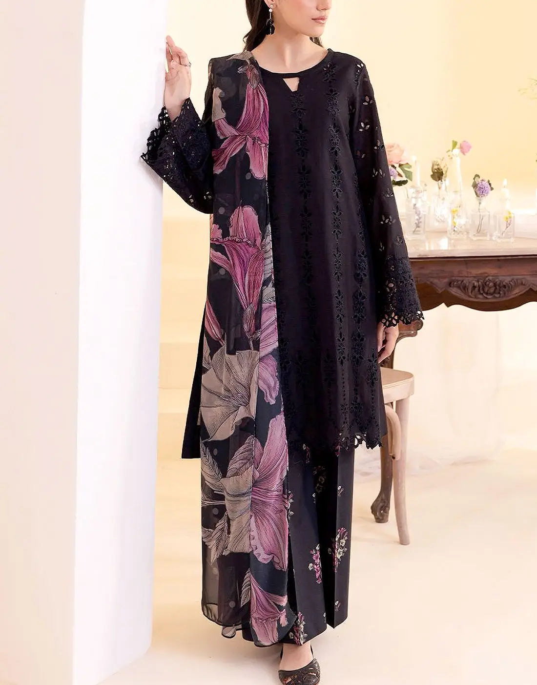 Heavy Chikankari Embroidered Black Lawn Dress with Printed Silk Dupatta