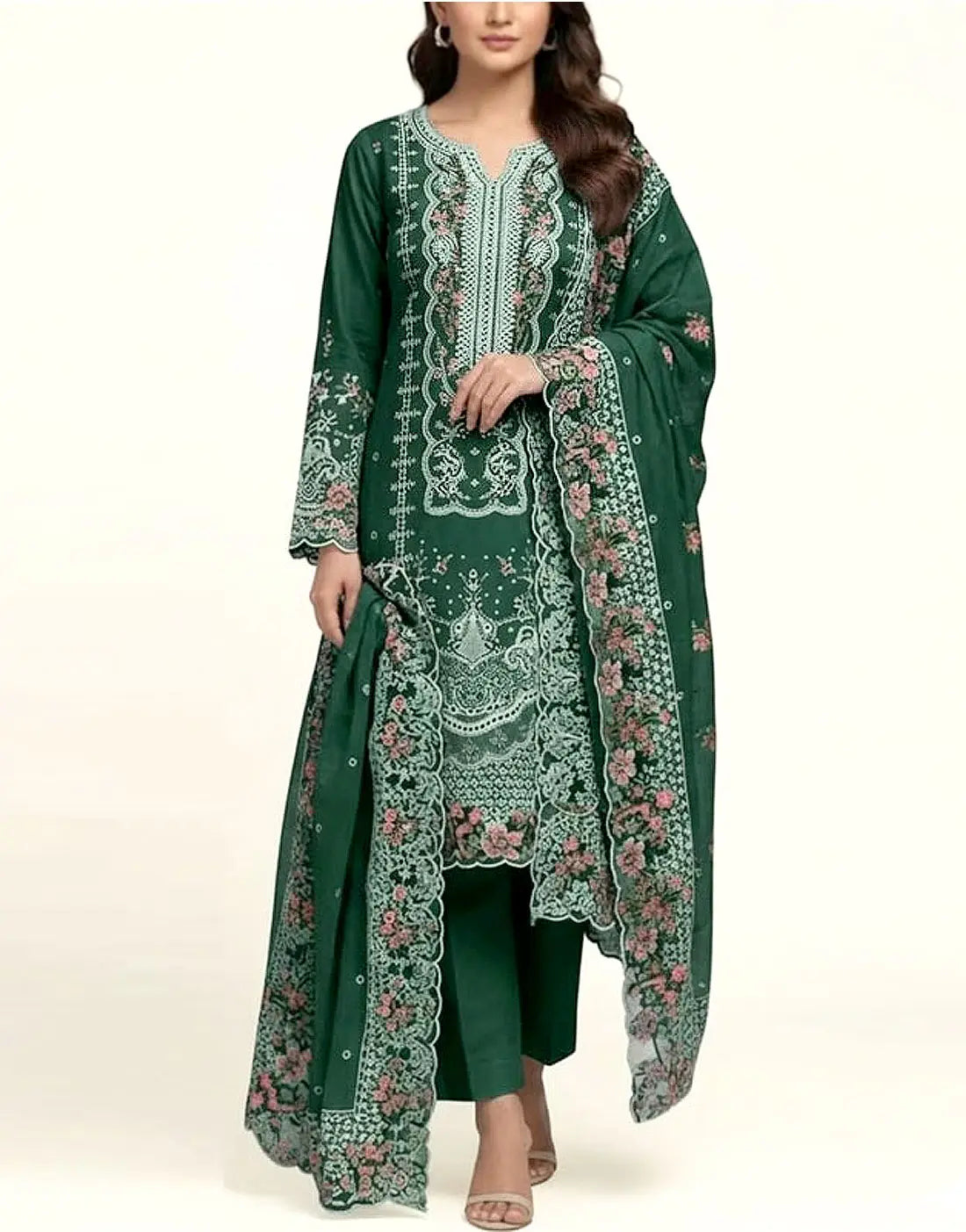 Heavy Schiffli Embroidered Cotton Party Dress with Emb. Chiffon Dupatta