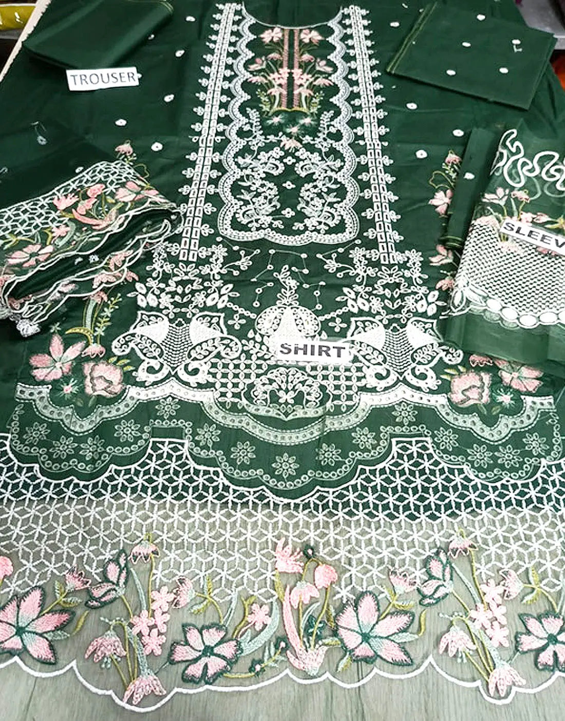 Heavy Schiffli Embroidered Cotton Party Dress with Emb. Chiffon Dupatta