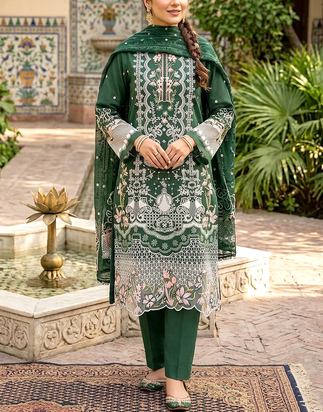 Heavy Schiffli Embroidered Cotton Party Dress with Emb. Chiffon Dupatta
