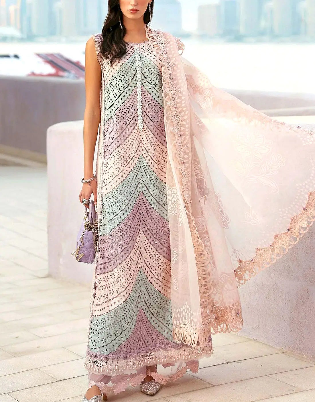 Rainbow Schiffli Embroidered Swiss Lawn Dress with Digital Print Silk Dupatta