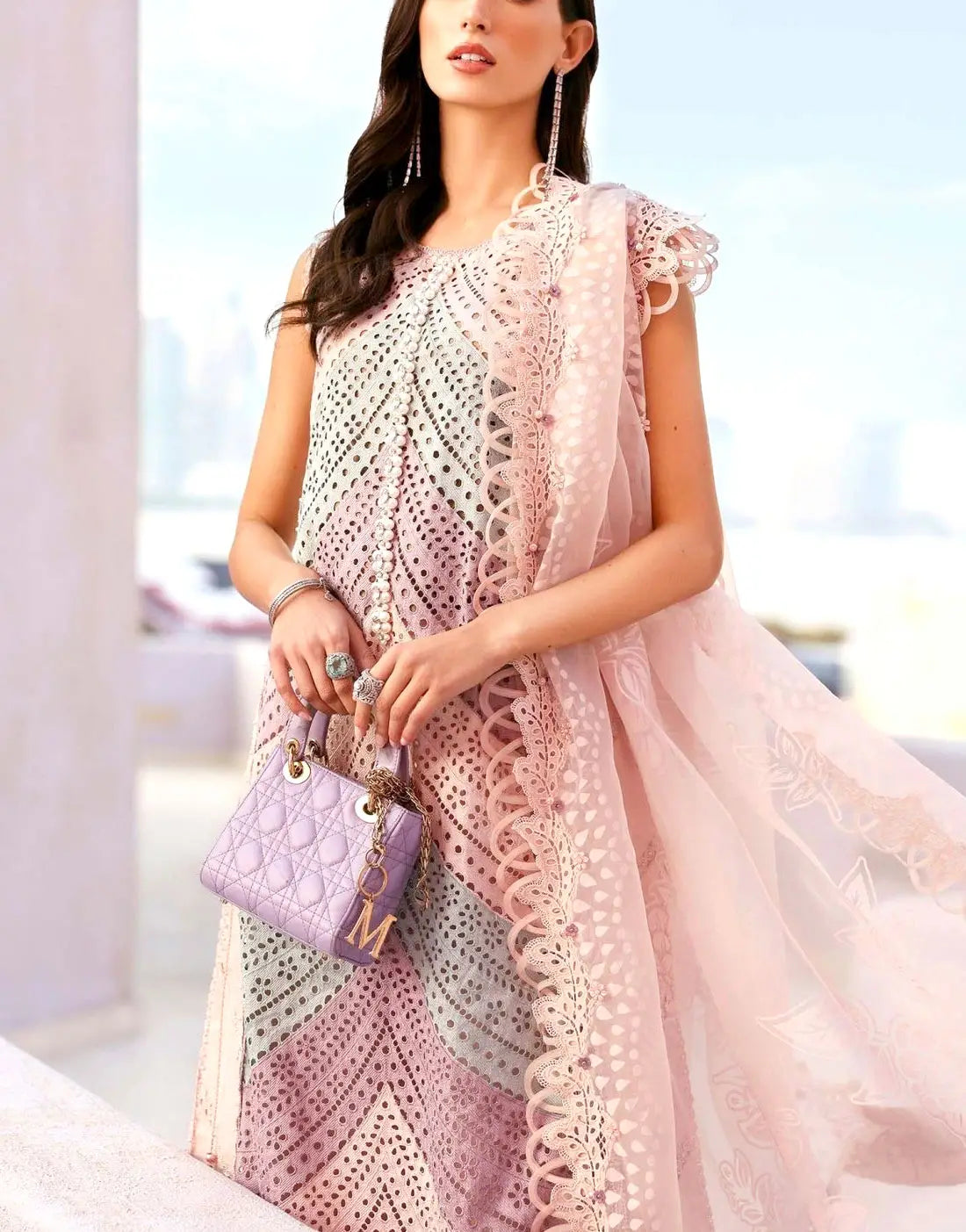 Rainbow Schiffli Embroidered Swiss Lawn Dress with Digital Print Silk Dupatta