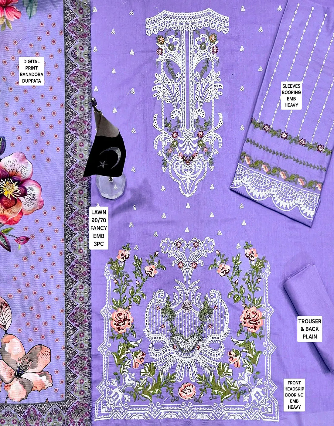 Heavy Schiffli Embroidered Lawn Dress with Digital Print Banadora Dupatta