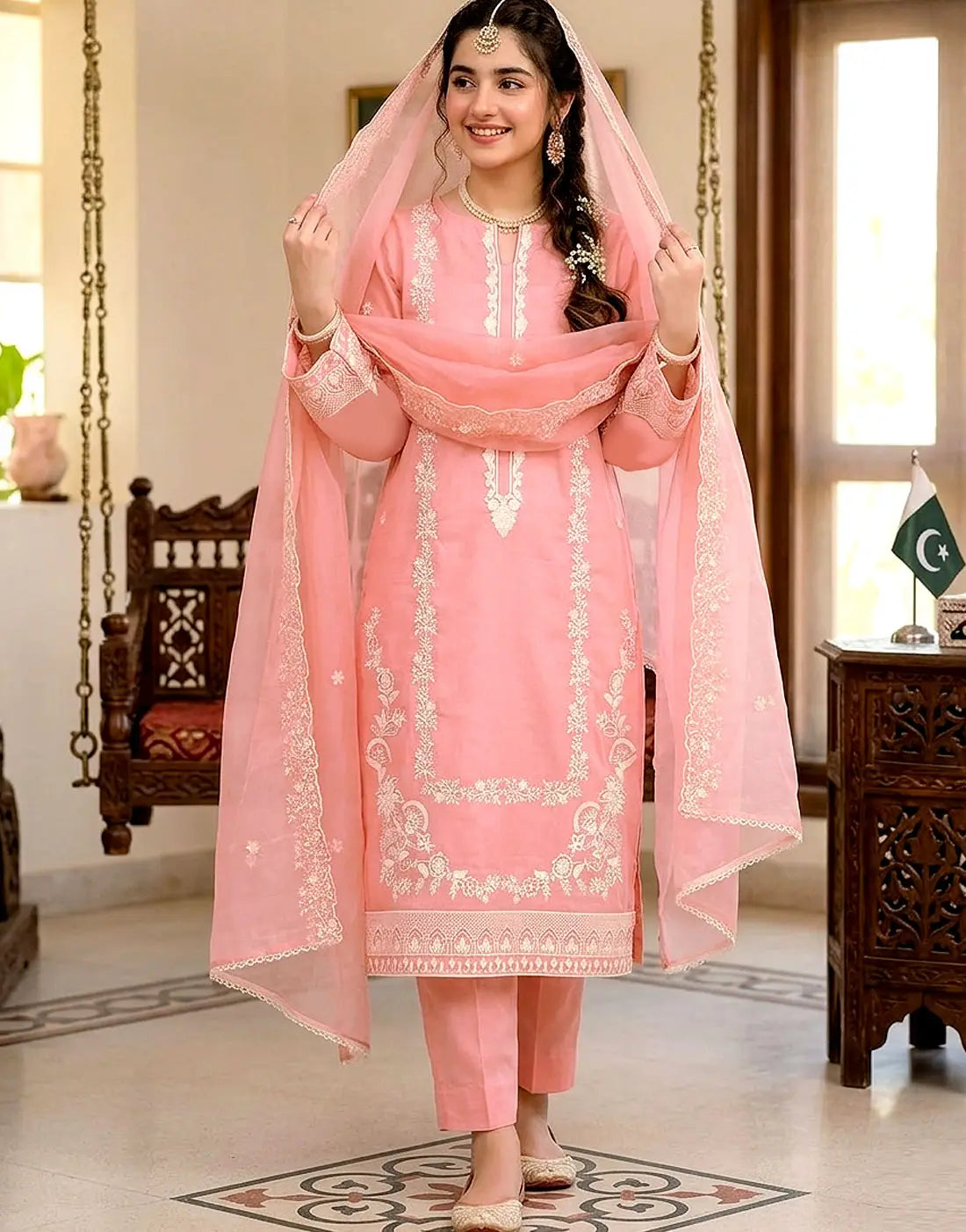 Elegant Heavy Embroidered Lawn Dress with Emb. Organza Dupatta
