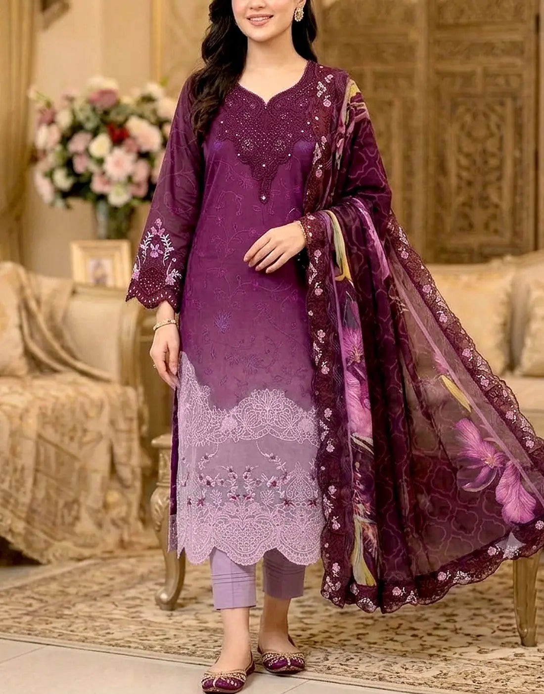 Trendy Ombre Embroidered Purple Lawn Dress with 4-Side Embroidery Chiffon Dupatta