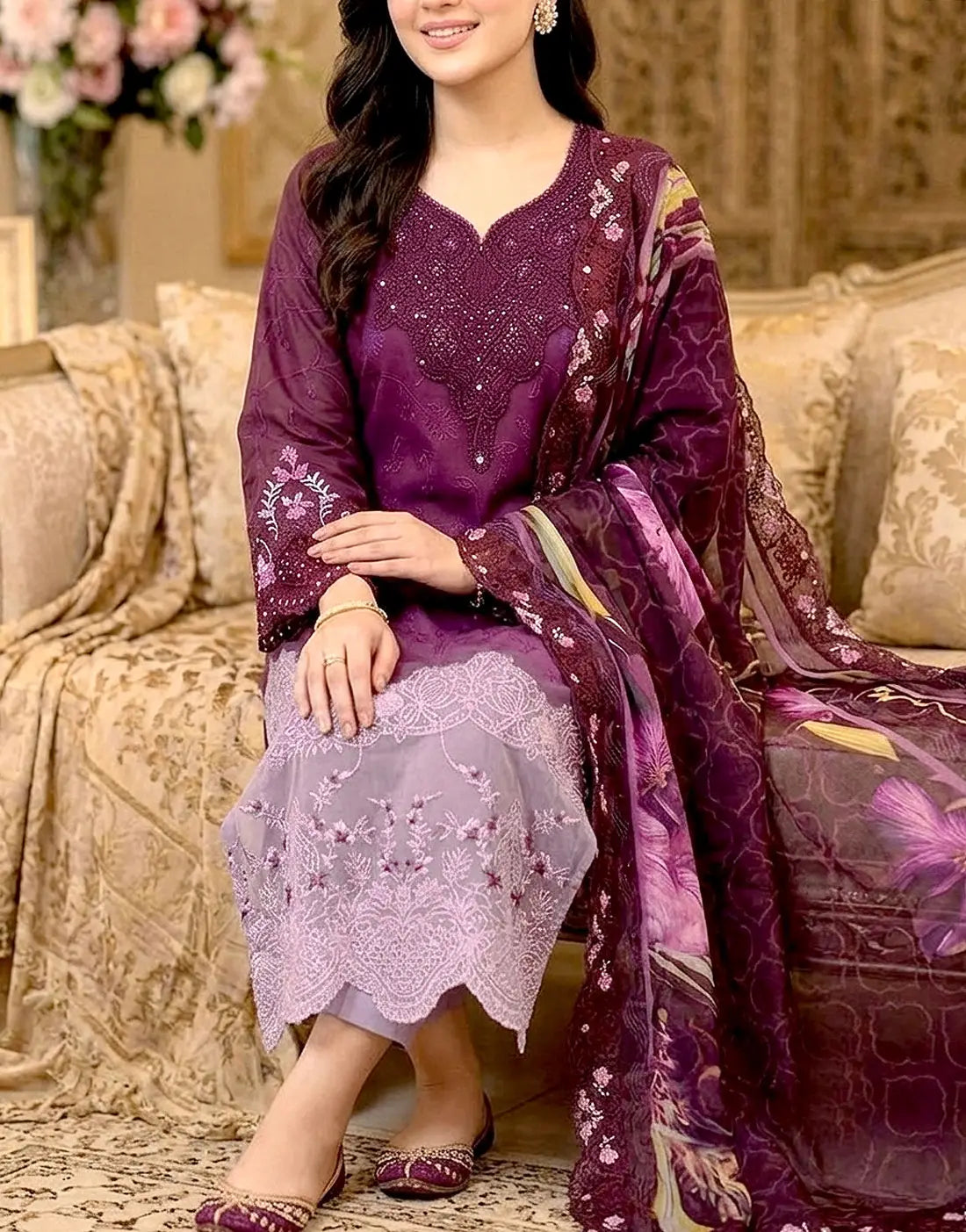 Trendy Ombre Embroidered Purple Lawn Dress with 4-Side Embroidery Chiffon Dupatta
