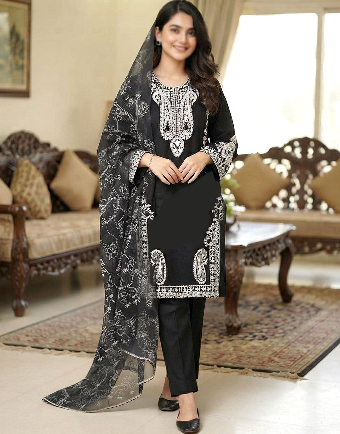 Elegant 3-Piece Embroidered Black Lawn Dress with Emb. Chiffon Dupatta
