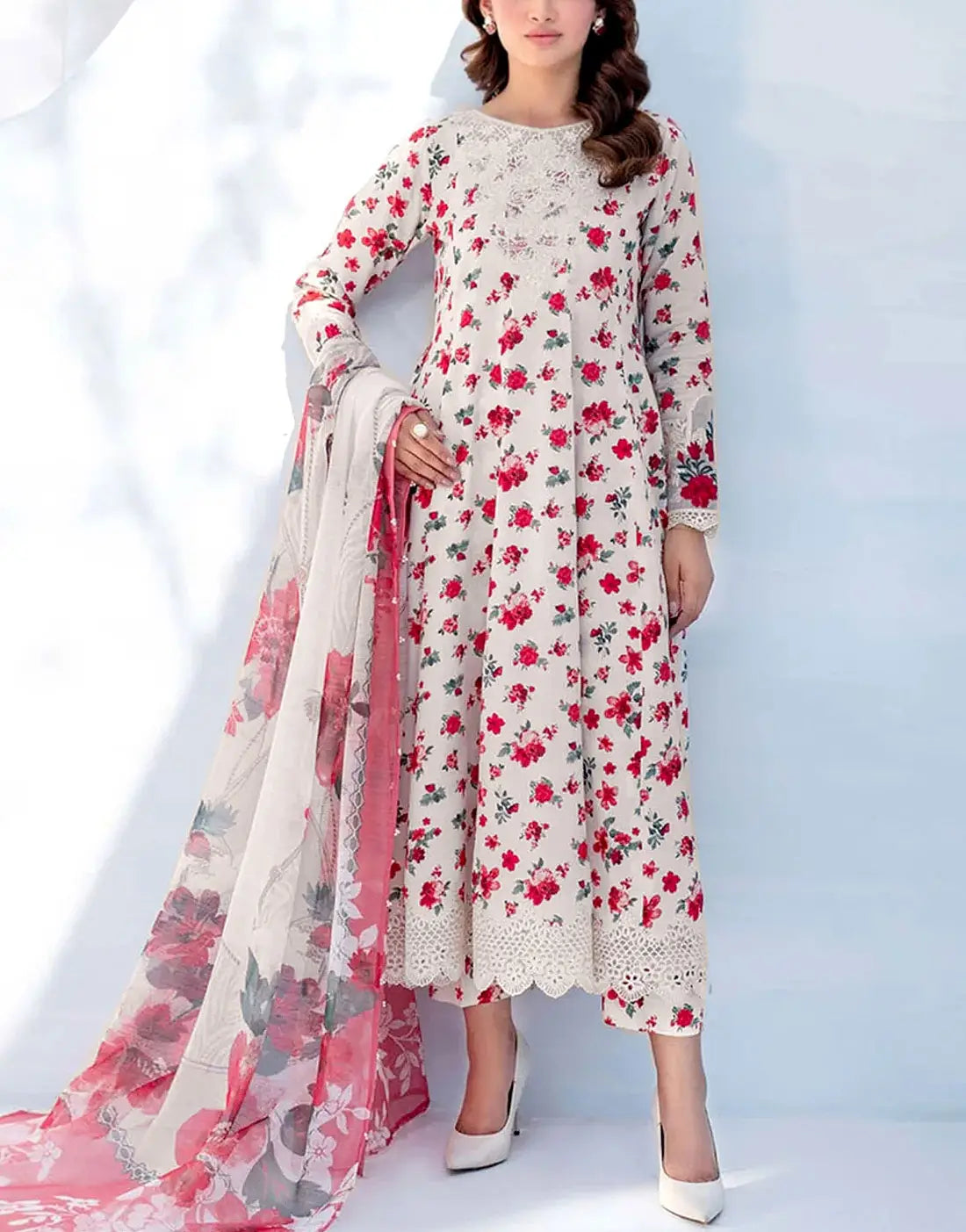 All-Over Floral Print Embroidered Lawn Dress with 4-Side Emb. Chiffon Dupatta