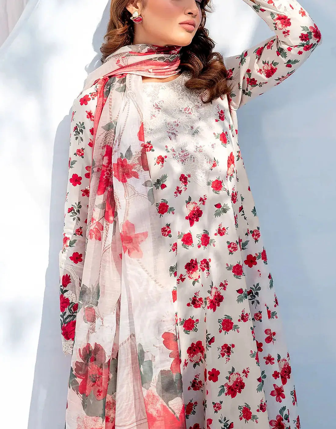 All-Over Floral Print Embroidered Lawn Dress with 4-Side Emb. Chiffon Dupatta