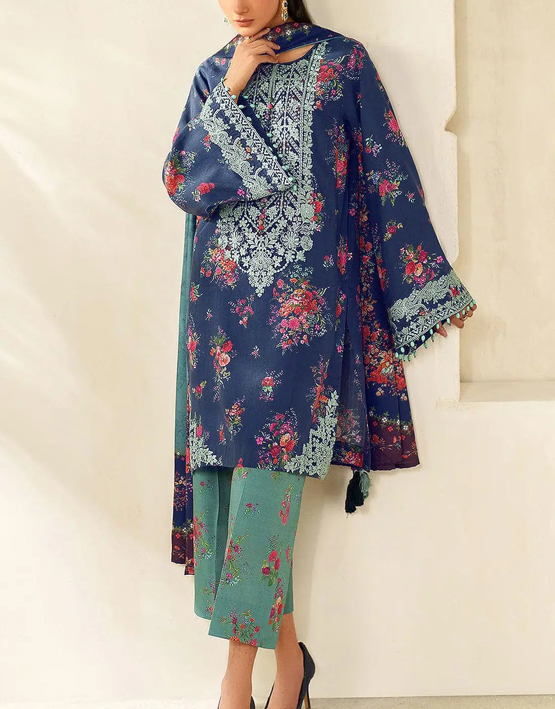 All-Over Print Navy Blue Embroidered Lawn Dress — An Eid & Party Wear Outfit