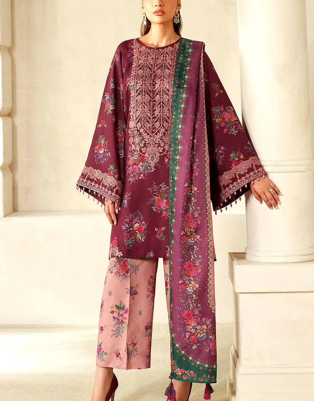 All-Over Print Maroon Embroidered Lawn Dress — An Eid & Party Wear Outfit