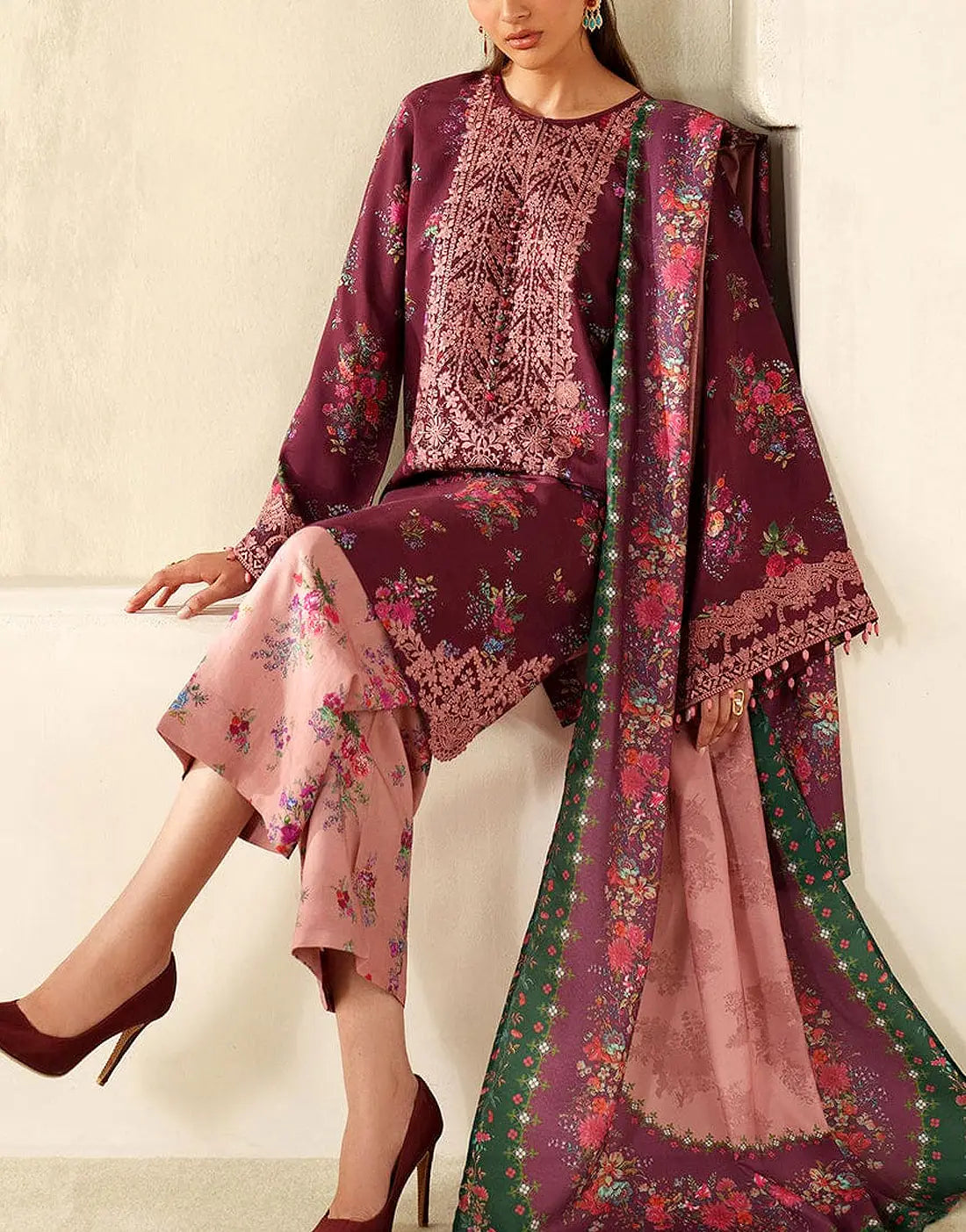 All-Over Print Maroon Embroidered Lawn Dress — An Eid & Party Wear Outfit