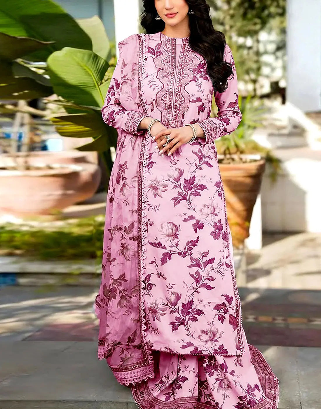 Aneela's All-Over Flower Print Embroidered Lawn Suit with 4-Side Emb. Chiffon Dupatta