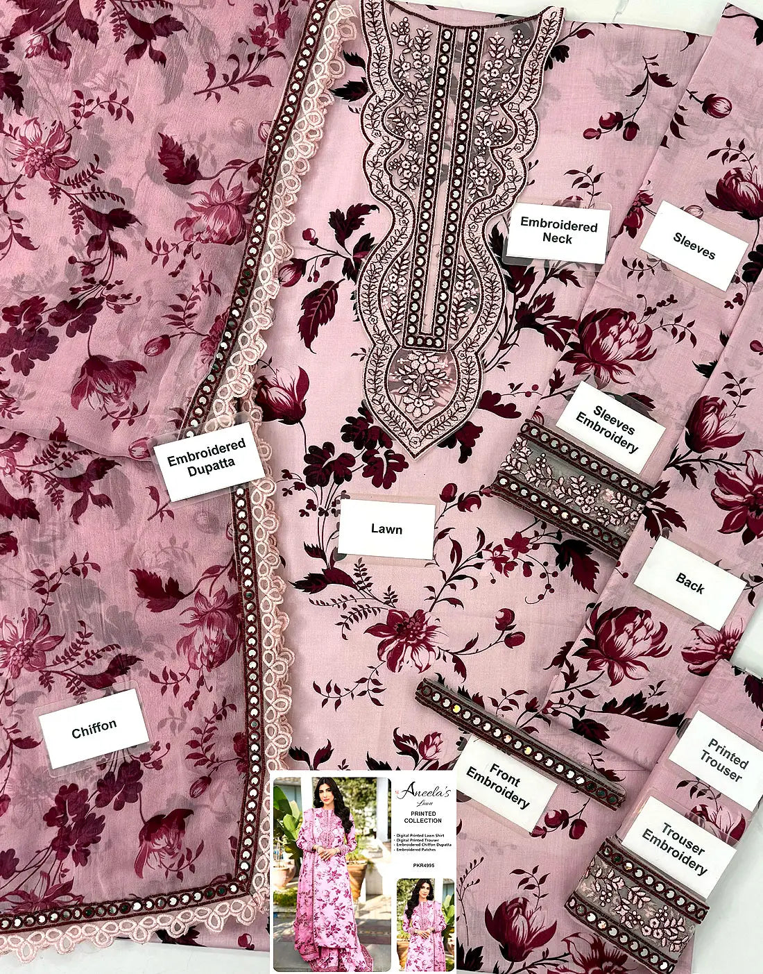 Aneela's All-Over Flower Print Embroidered Lawn Suit with 4-Side Emb. Chiffon Dupatta