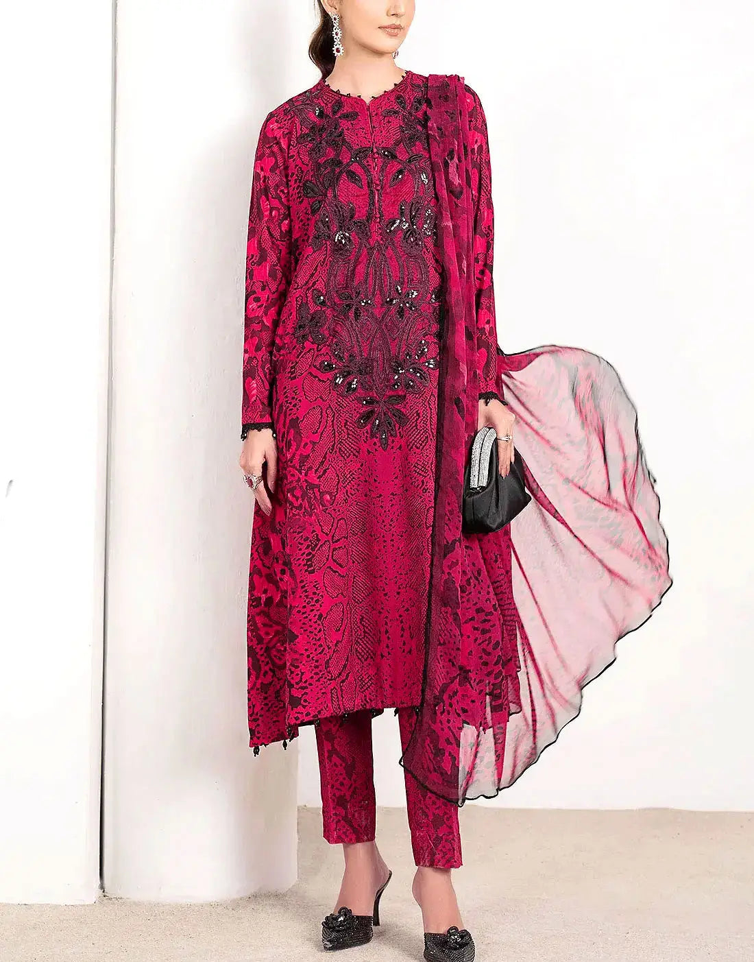 Trendy All-Over Print Sequins Embroidered Red Lawn Dress with Emb. Chiffon Dupatta