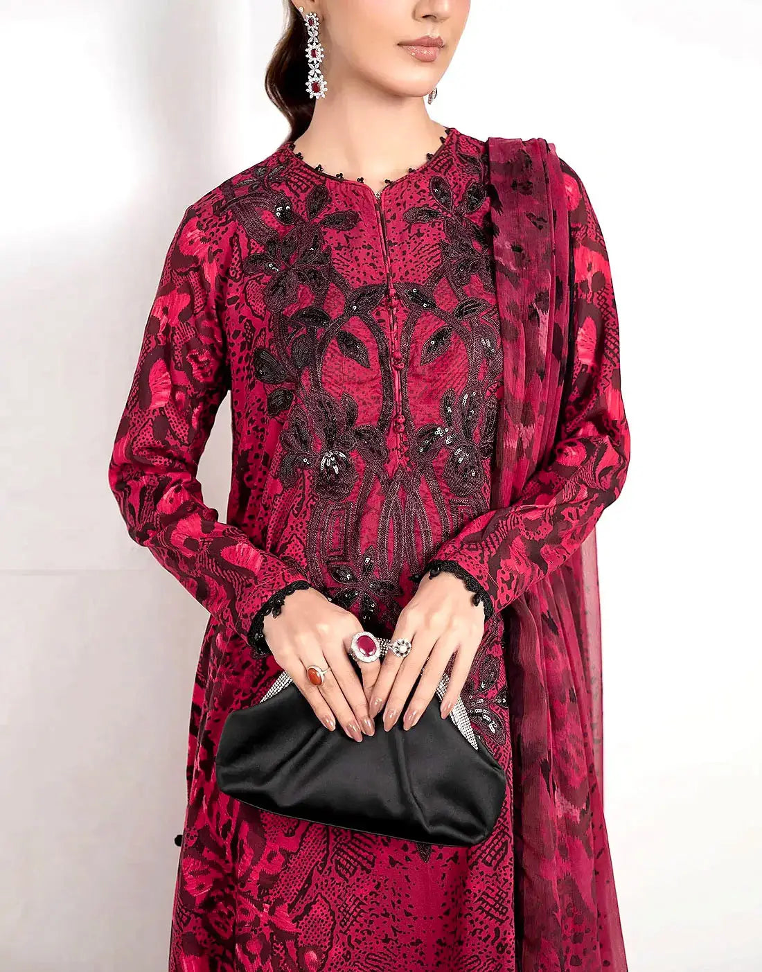 Trendy All-Over Print Sequins Embroidered Red Lawn Dress with Emb. Chiffon Dupatta