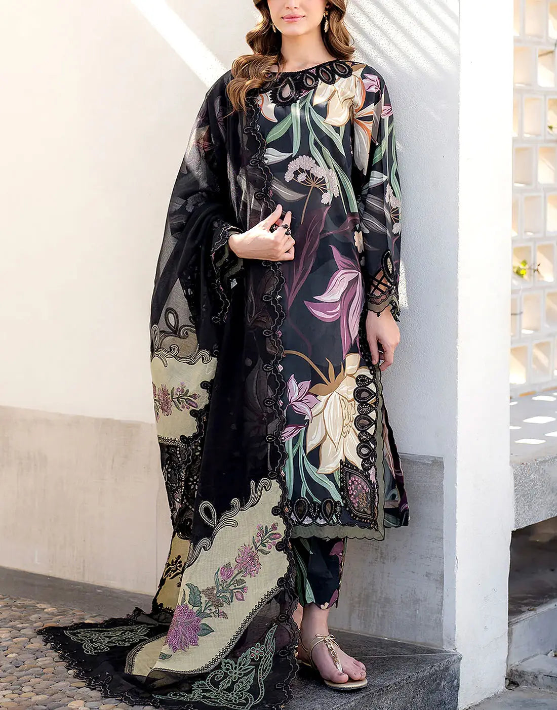 All-Over Print Embroidered Black Lawn Dress Design for EID and Formal Wear